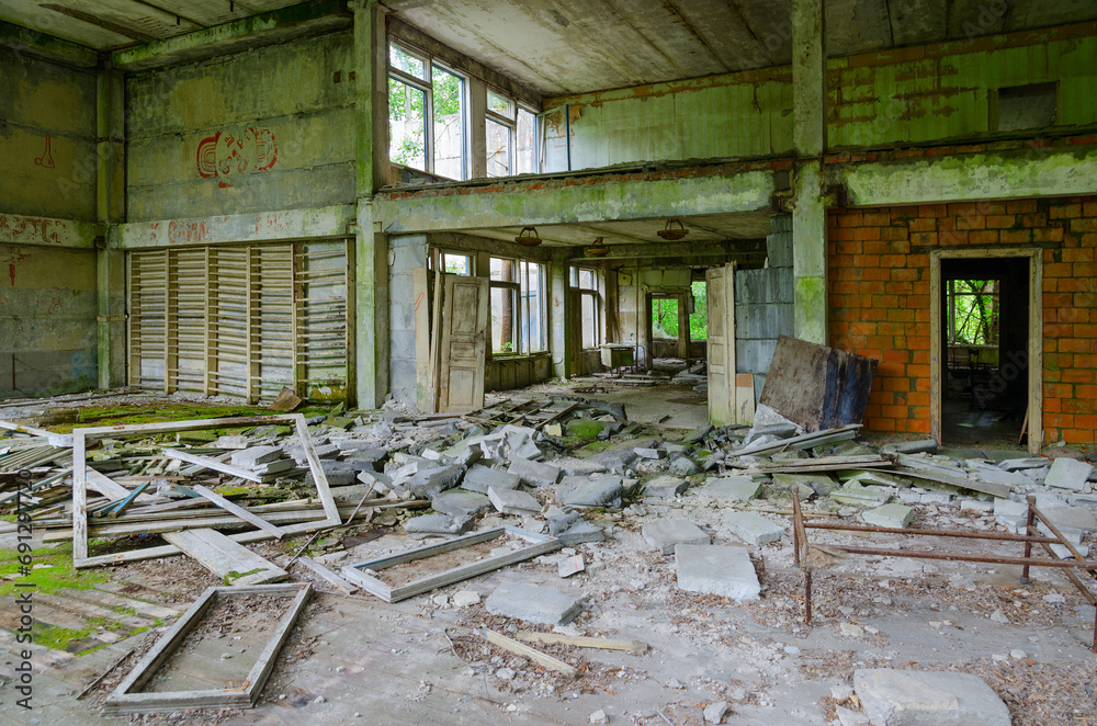 Abandoned school gym in resettled village of Pogonnoye in exclusion zone of Chernobyl, Belarus Abandoned school gym in resettled village of Pogonnoye in exclusion zone of Chernobyl, Belarus