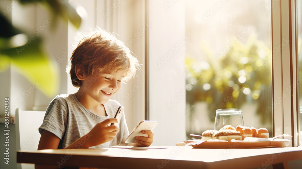 Smilling boy looking at his smartphone while having breakfast. A child sits in the kitchen by a big window Smilling boy looking at his smartphone while having breakfast. A child sits in the kitchen by a big window