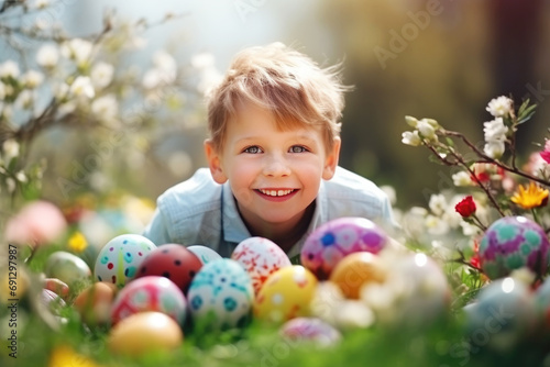 Kid boy in garden on Easter egg hunt, Easter background