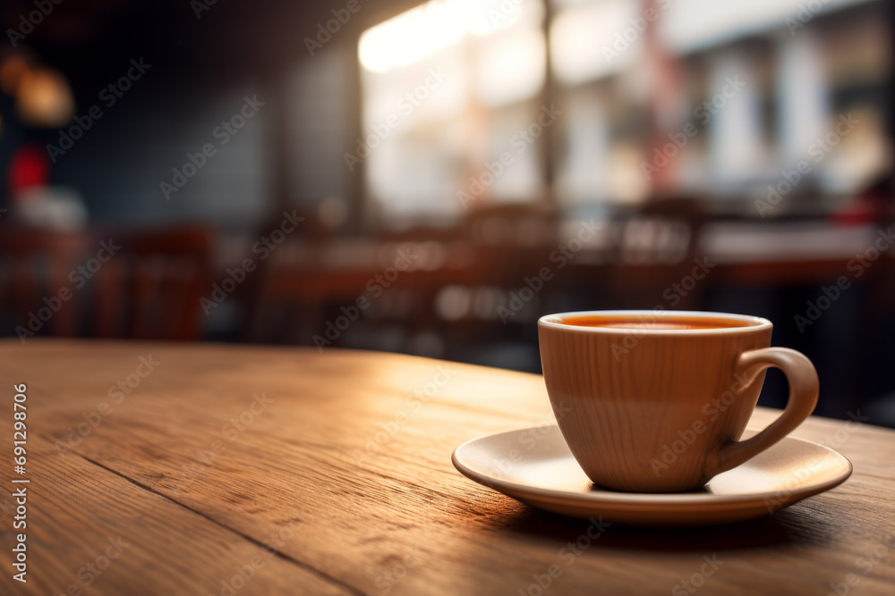 a cup of coffee placed on a saucer on a wooden table, blurred background inside a cafe space with sunlight passing through the glass door