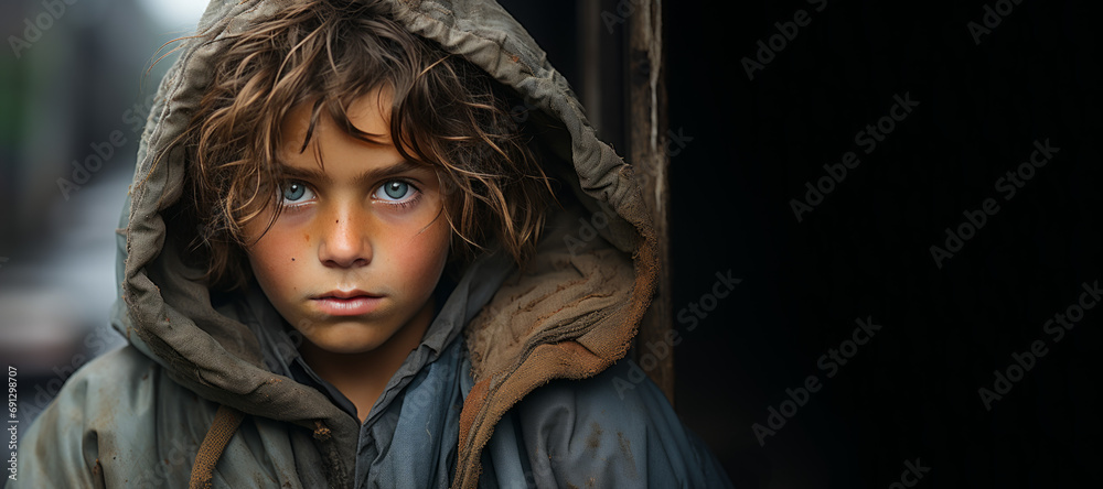A poor boy with a very dirty warm coat - obrazy, fototapety, plakaty 