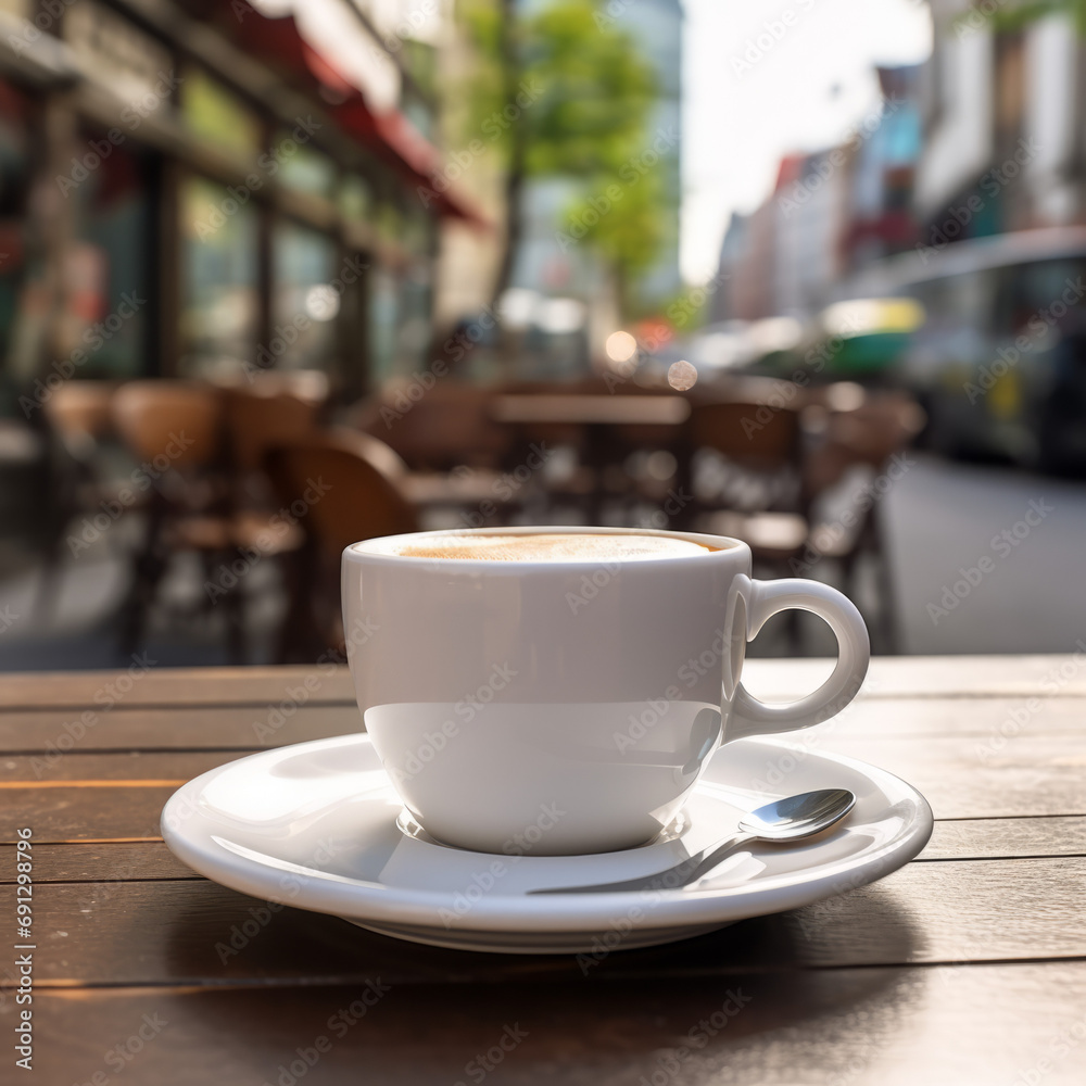 Luxurious coffee cup and spoon, in front of an urban area with blurred green trees