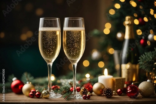 Two beautiful glasses with sparkling champagne on  blurred New Year s background.Generative AI.