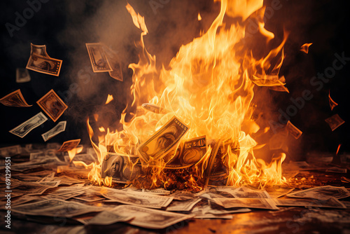 Burning Money - Flames engulf bills, symbolizing financial loss. AI Generative illustration of crisis. photo