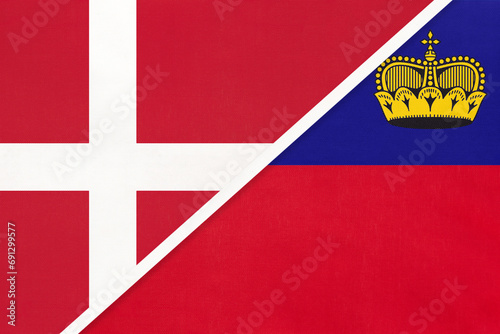 Denmark and Liechtenstein, symbol of country. Danish vs Liechtensteiner national flags.