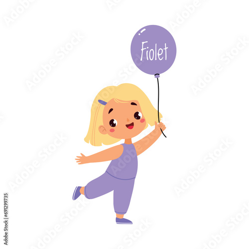 Cheerful Girl with Violet Color Balloon Standing Vector Illustration