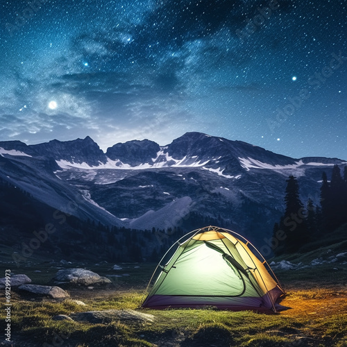 Camping in the mountains under the stars. A tent pitched up and glowing under the milky way.