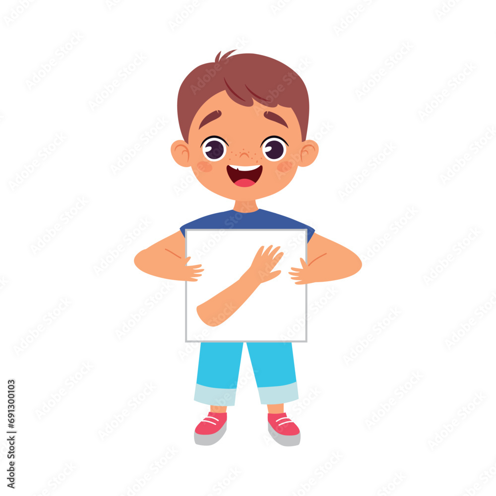 Little Boy Holding Card with Arm Body Part Vector Illustration