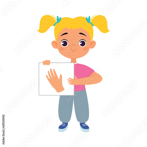 Little Girl Holding Card with Hand Body Part Vector Illustration photo