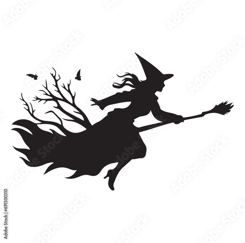 Witch  black   silhouette on  broomstick isolated on white background. Vector illustration.
