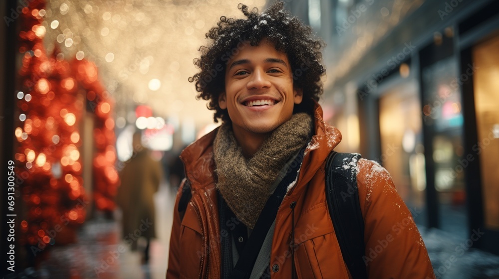 Portrait of a smiling hispanic young man in the street with Christmas lights at the background, bokeh lights out of focus, winter festive candid shot, guy smile under snow - obrazy, fototapety, plakaty 