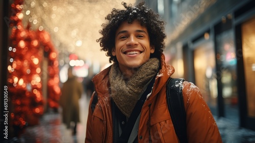 Portrait of a smiling hispanic young man in the street with Christmas lights at the background, bokeh lights out of focus, winter festive candid shot, guy smile under snow