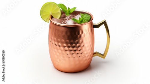 Refreshing Moscow Mule Cocktail in a Clear Glass on White Background - Cold Alcoholic Beverage with Lime and Ginger Beer for Summer Parties and Celebrations.