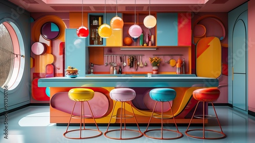 Cuisine excentrique vintage et retro avec des couleurs pop et flashy.  photo