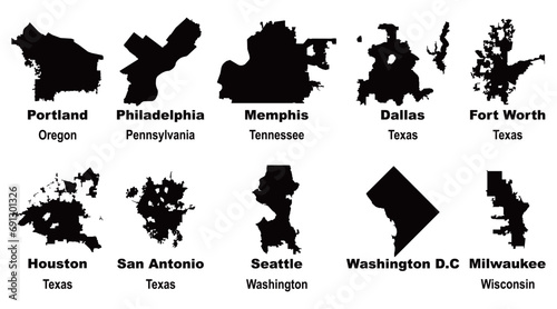 Layered editable vector illustration of map outlines of ten US cities