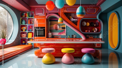 Cuisine excentrique vintage et retro avec des couleurs pop et flashy.  photo