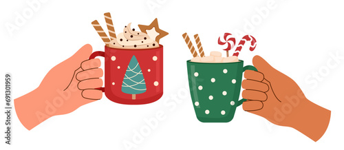 Human hands with Christmas drinks isolated on white background. Christmas concept.	
