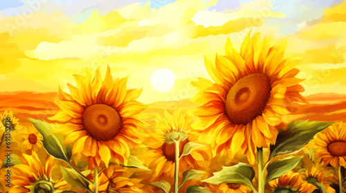 Sunflowers on a field at sunset. Watercolor painting.