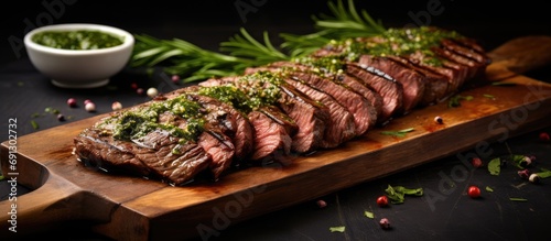Flank steak grilled with chimichurri on table.