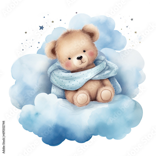 Cute baby teddy bear sleeping on the cloud Illustration, Generative Ai
