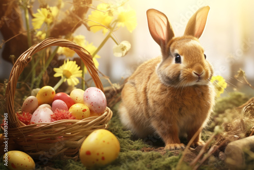 Easter bunny with a basket of eggs, Easter background © kheat