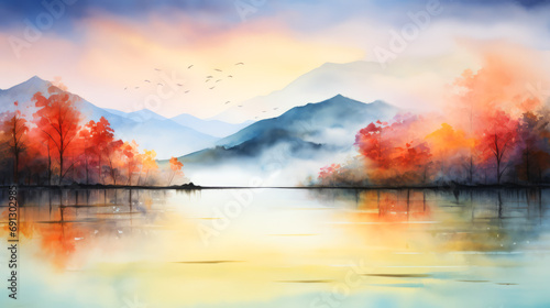 Autumn landscape with lake and mountains. Digital watercolor painting.   © suwandee