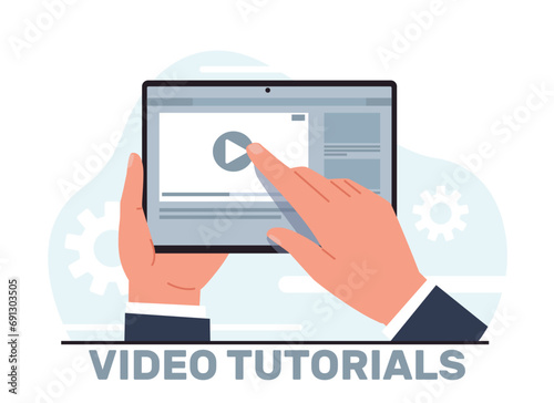 Hands holding tablet with video lessons. Man hold laptop, play sign on device scree, online education, conference and webinar, tutorial and training. Cartoon flat isolated vector concept