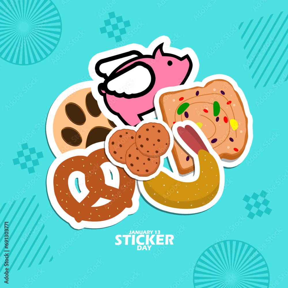 National Sticker Day event banner. Several stickers depict cakes and a flying pig, with bold text on light blue background to celebrate on January 13