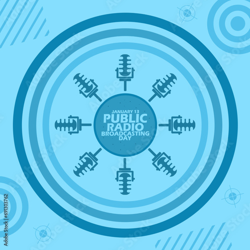 Public Radio Broadcasting Day event banner. Several radio mics surrounding bold text in circle frame on light blue background to celebrate on January 13
