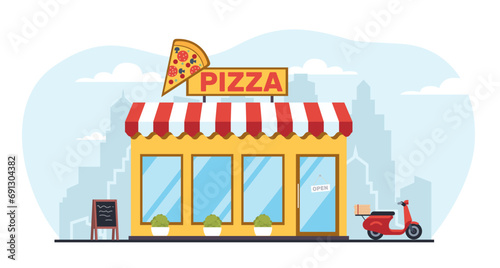 Pizzeria building in city. Italian restaurant facade. Front view cafe. Fastfood construction. Delivery scooter. Urban architecture with glass door and windows. Cartoon flat vector concept