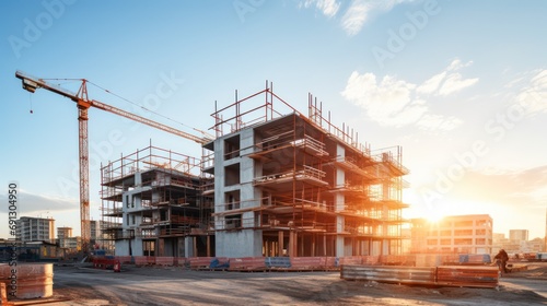 Construction background: A Construction site of large residential commercial building, some already built, large metal structure with bright sky background. photo