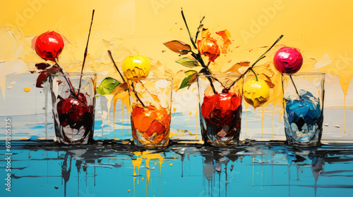 Abstract oil color painting flowers and berry in water glass.