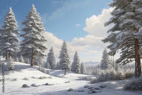 A winter wonderland with a snowy landscape, glistening pine trees, and silver ornaments AI Generated © Asad