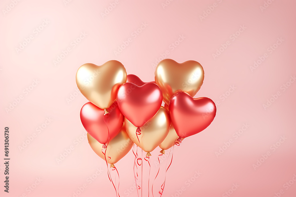 pink foil shiny metallic pearlescent balloons isolated on pastel pink background, valentine's day celebration concept