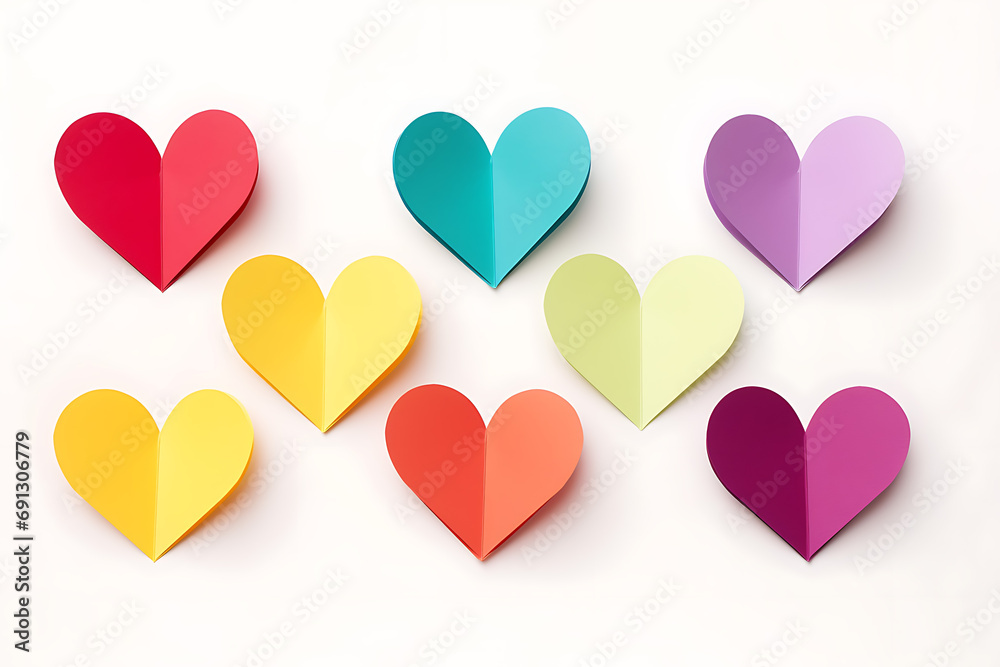 colorful paper hearts isolated on white background, decoration for valentine's day flat lay