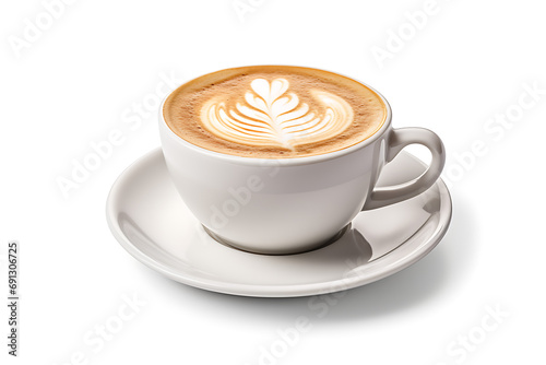 hot drink latte coffee in white ceramic cup with saucer isolated on white background