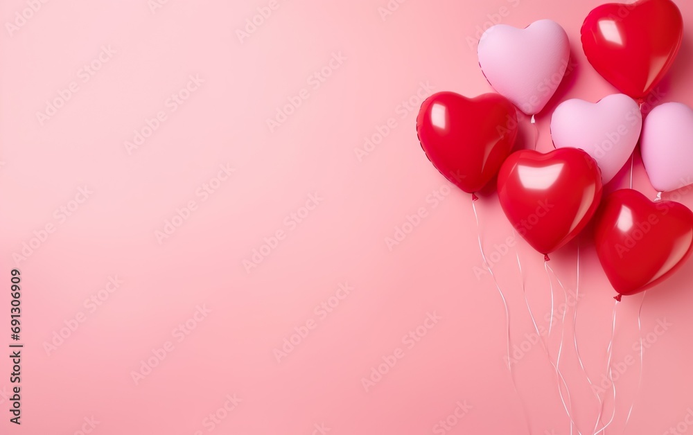 Red heart shaped balloons on pink background flat lay