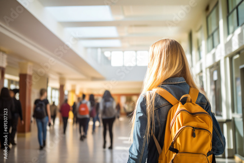 a woman with a backpack walking down a hallway