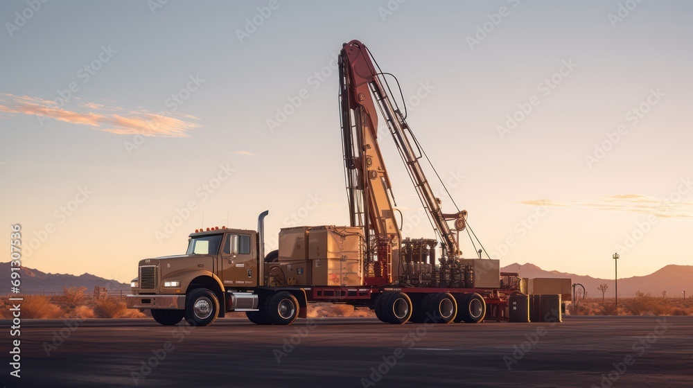 A Oil drilling machine in the desert, Industry, energy industry, gas station at sunset.