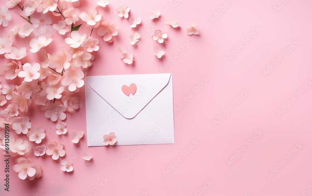 Valentines Day background. Pink flowers envelope heart