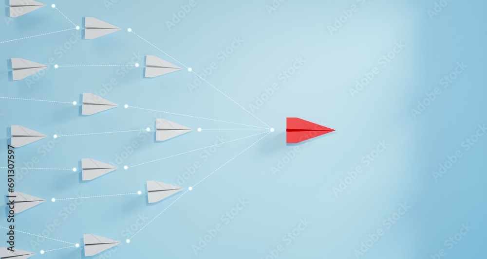 Leadership concept, red leader plane leading white plane, on blue background. - obrazy, fototapety, plakaty 