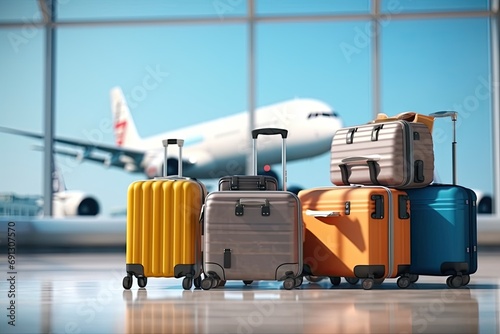 Airport journey. Spacious terminal with travelers luggage and bags departure and arrival. Scene captures bustling of air travel showcasing passengers suitcases and backpacks on airport floor photo