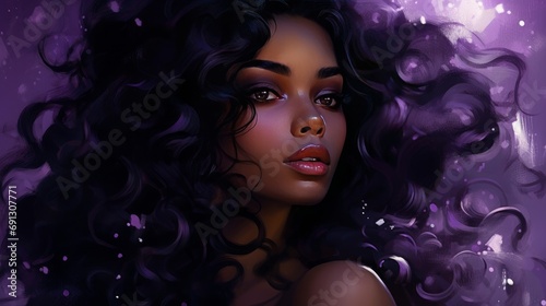 Shiny purple-black star strands, ebony black skin cascade like moonlit streams, shiny amethyst, Eyes of shiny amethyst where enchantment gleams. Her beauty, a tapestry spun with grace, A purple-black 