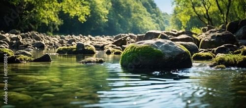 A river with blurred water motion and a large rock in the foreground, set in a lush green landscape of Brazil - captured in a vertical photograph.