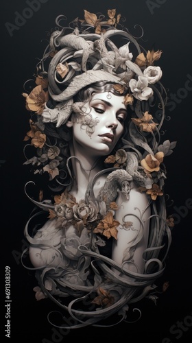 A woman with a snake and flowers on her head