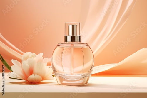 A perfume bottle and a flower on the podium, the color is peach fuzz. photo
