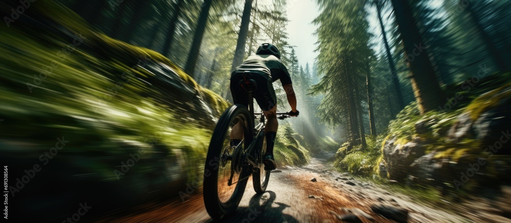 Naklejka premium Fast cycling in the forest with motion blur, perfect for sport, race, or adventure in summer.