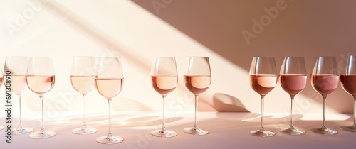Group of glasses with white wine on a peach pink table. Minimalist trendy background with copy space. Sunlight and shadows.