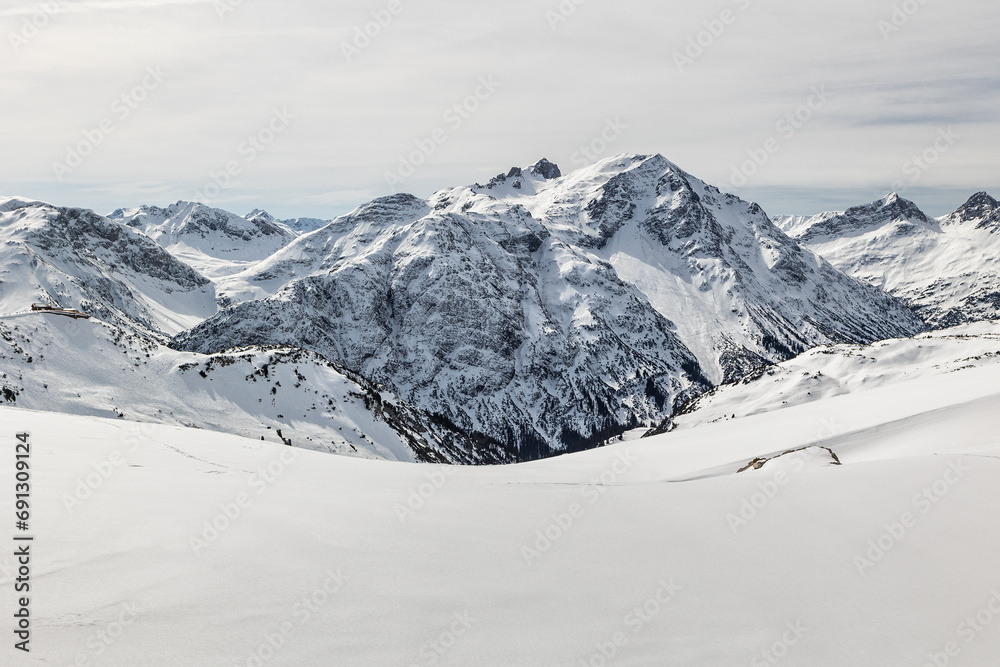Panoramic view of the mountains in winter. Sankt Anton am Arlberg, region Tyrol, Austria.