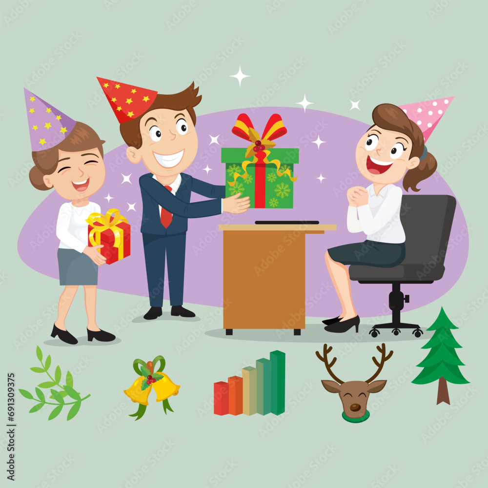 Smiling coworkers give present celebration at work. Gift giving in office concept. illustration vector cartoon. Smiling coworkers give present celebration at work. Gift giving in office concept. illustration vector cartoon.